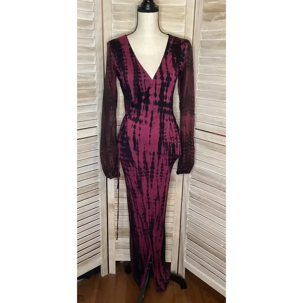 Indah Burgundy Black Tie Dye Slinky Full Length Wrap Maxi Dress S
